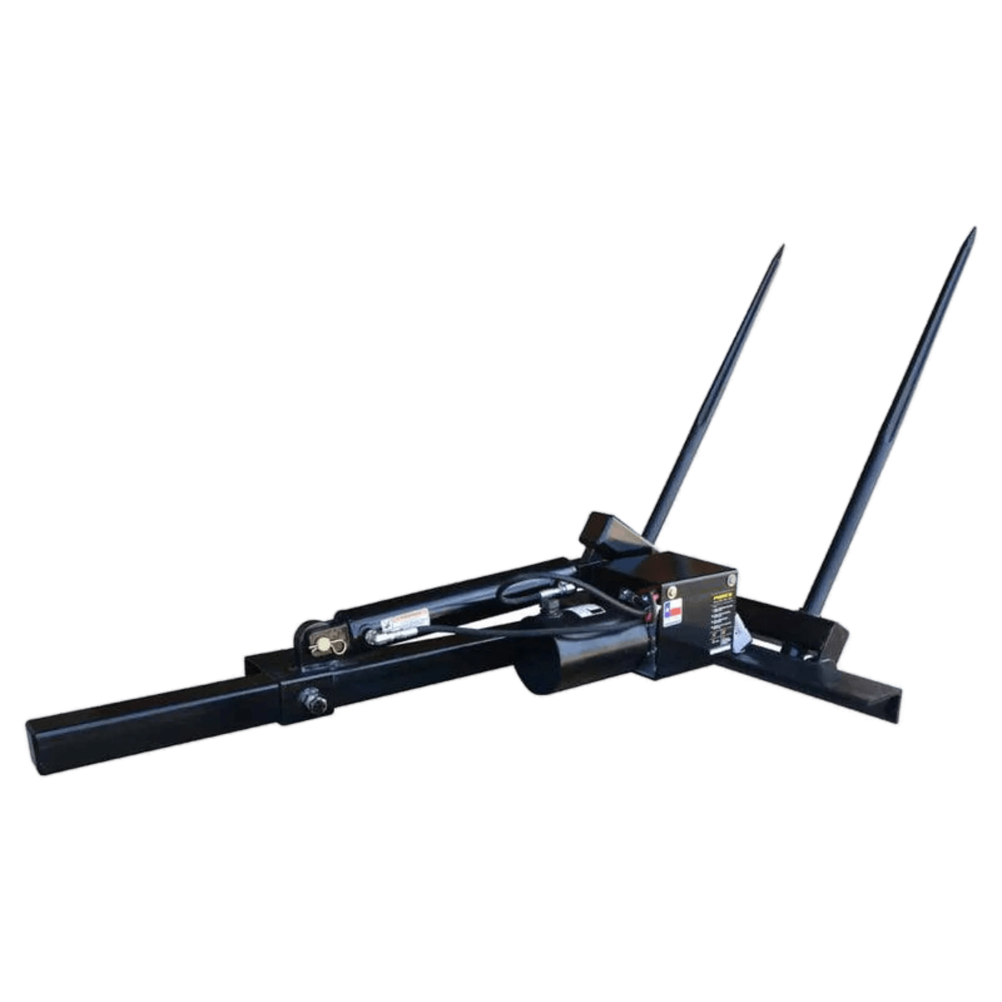 The PIERCE Truck Bed Gooseneck Hay Bale Mover is a black metal attachment with two long spikes, perfect for agricultural equipment and hydraulic bale moving. Shown isolated on a white background.