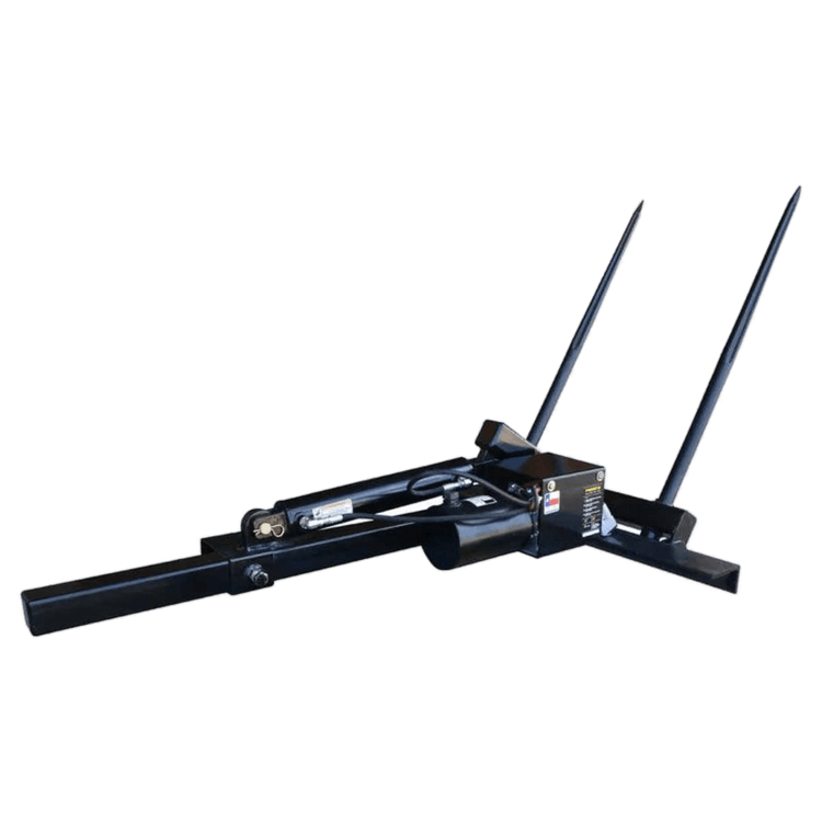 The PIERCE Truck Bed Gooseneck Hay Bale Mover is a black metal attachment with two long spikes, perfect for agricultural equipment and hydraulic bale moving. Shown isolated on a white background.
