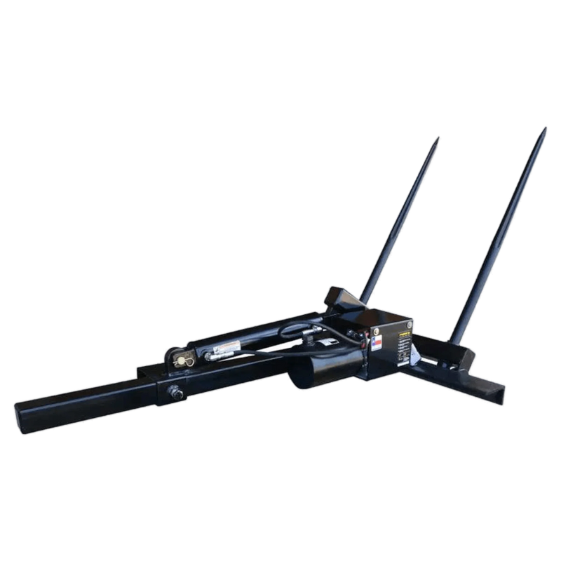 The PIERCE Truck Bed Gooseneck Hay Bale Mover features two long, pointed spikes and a rectangular mounting frame for efficient hay transport.
