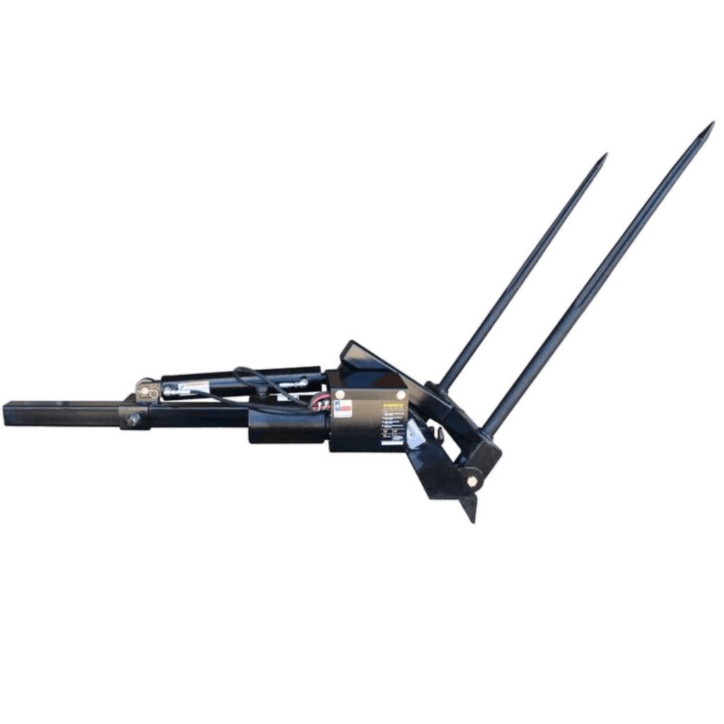 The PIERCE Truck Bed Gooseneck Hay Bale Mover features two long metal spikes, perfect for handling hay on tractors, loaders, or as a truck bed attachment.
