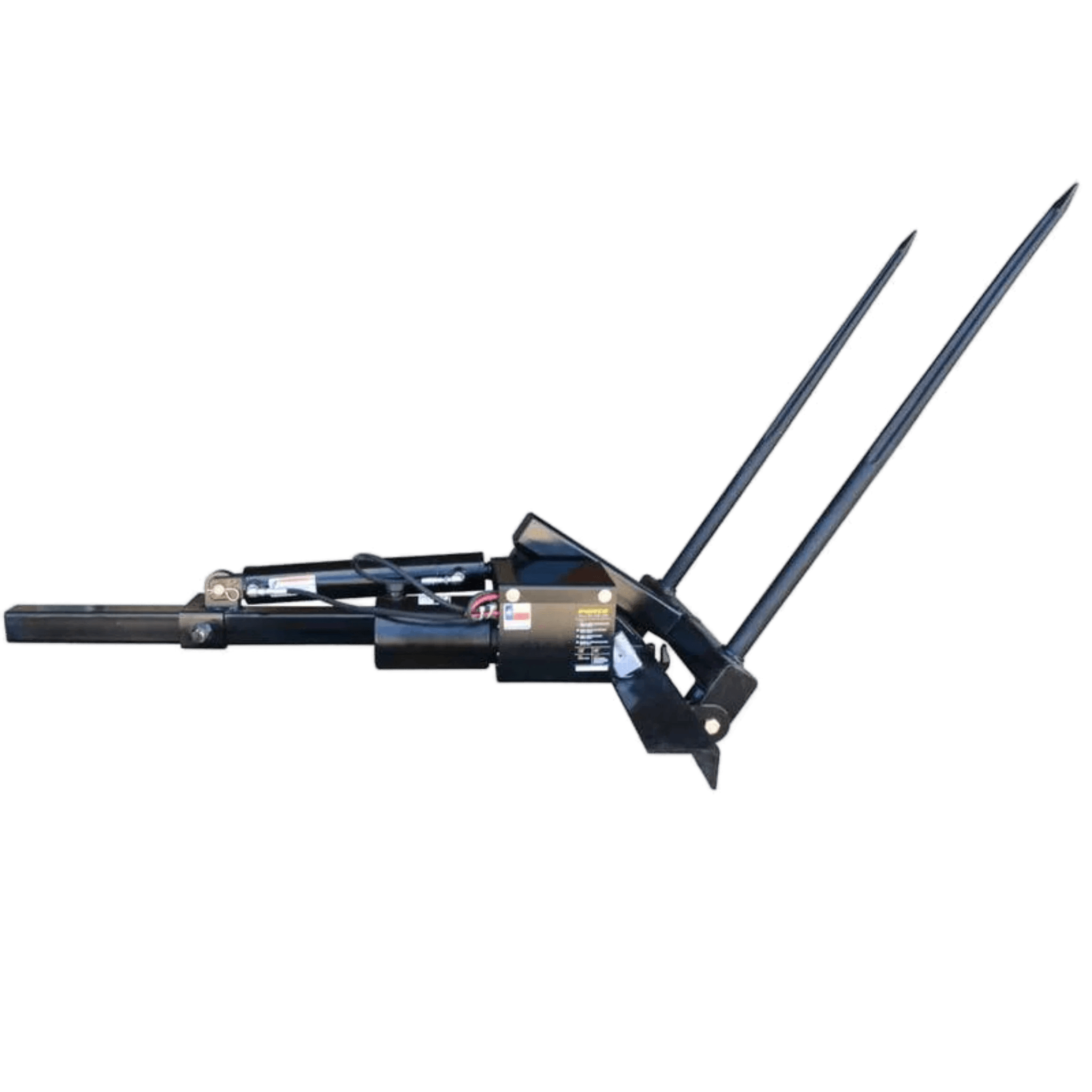 The PIERCE Truck Bed Gooseneck Hay Bale Mover features two long metal spikes to lift hay bales, easily attaching to trucks for efficient farm work and hydraulic bale moving.