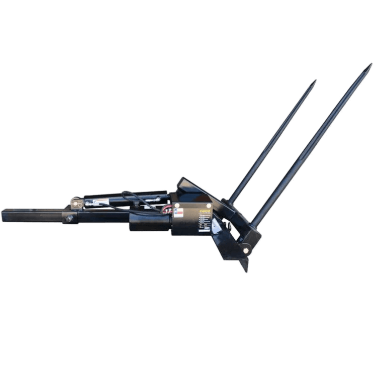 The PIERCE Truck Bed Gooseneck Hay Bale Mover features two long metal spikes to lift hay bales, easily attaching to trucks for efficient farm work and hydraulic bale moving.