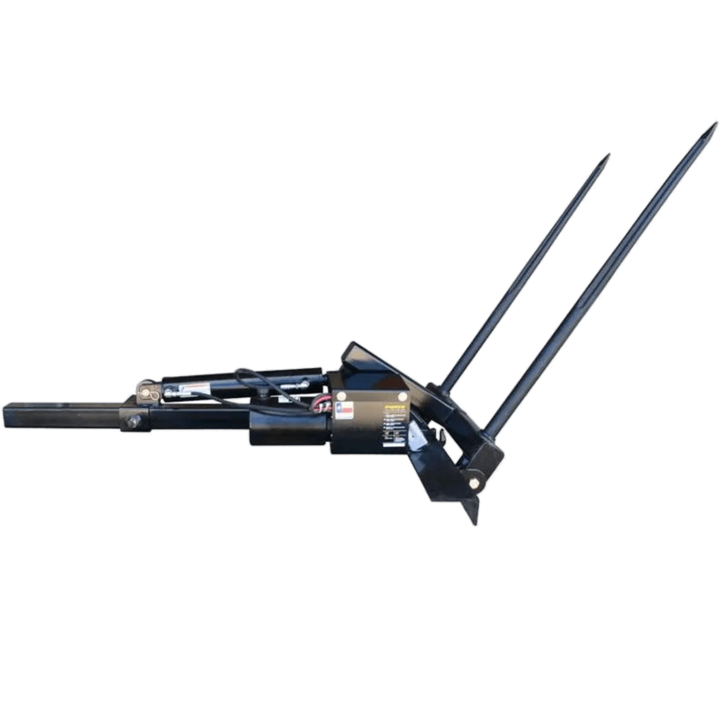 The PIERCE Truck Bed Gooseneck Hay Bale Mover features two long metal spikes, perfect for handling hay on tractors, loaders, or as a truck bed attachment.