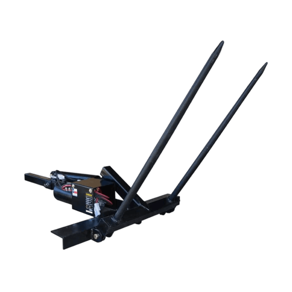 The PIERCE Truck Bed Gooseneck Hay Bale Mover is a black attachment with two long spikes, designed for transporting hay bales using tractors or loaders.