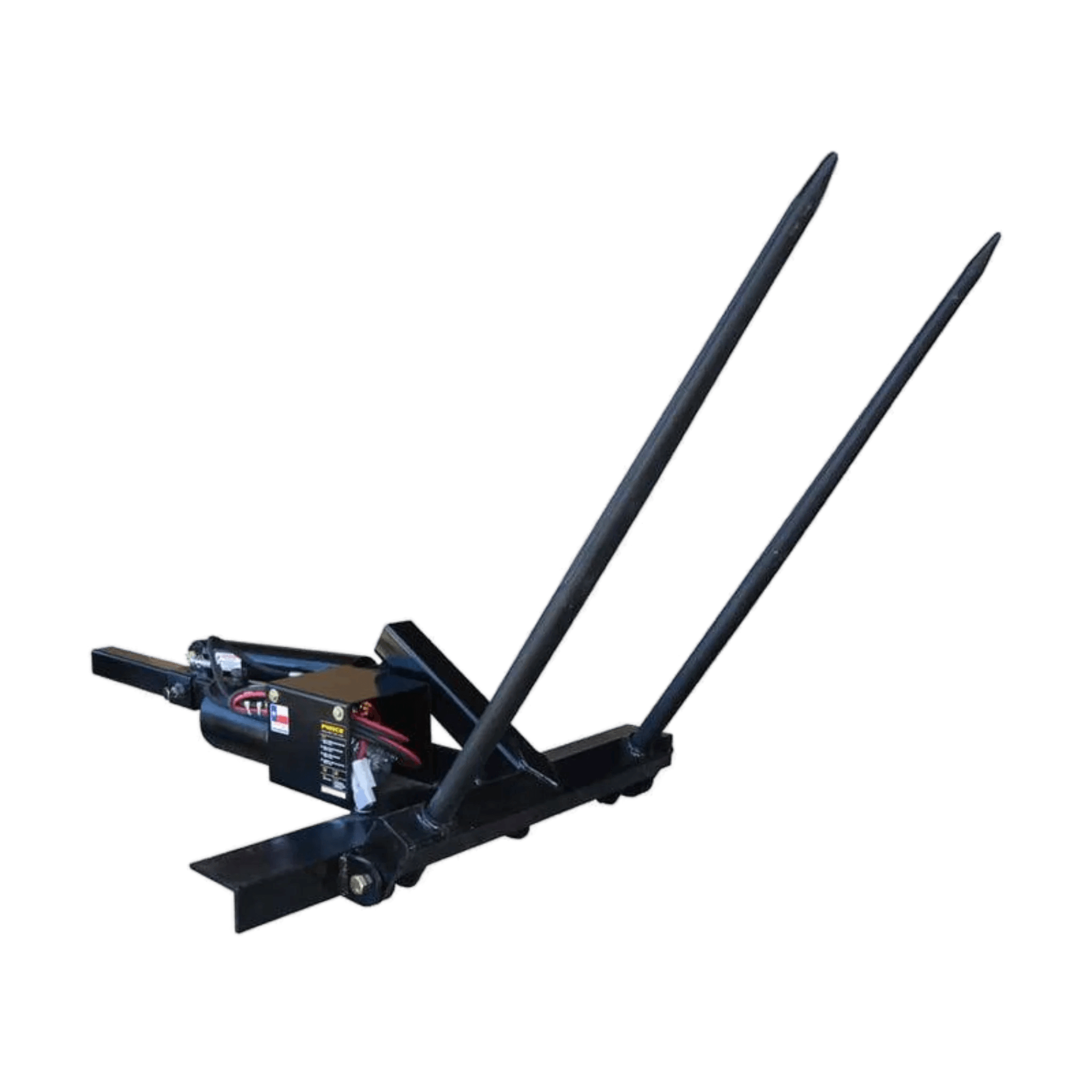 The PIERCE Truck Bed Gooseneck Hay Bale Mover is a black attachment with two long spikes, designed for transporting hay bales using tractors or loaders.