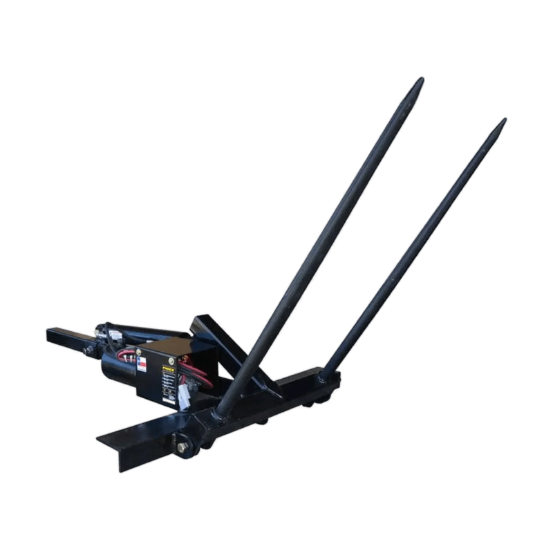 The PIERCE Truck Bed Gooseneck Hay Bale Mover is a black attachment with two long spikes, designed for transporting hay bales using tractors or loaders.