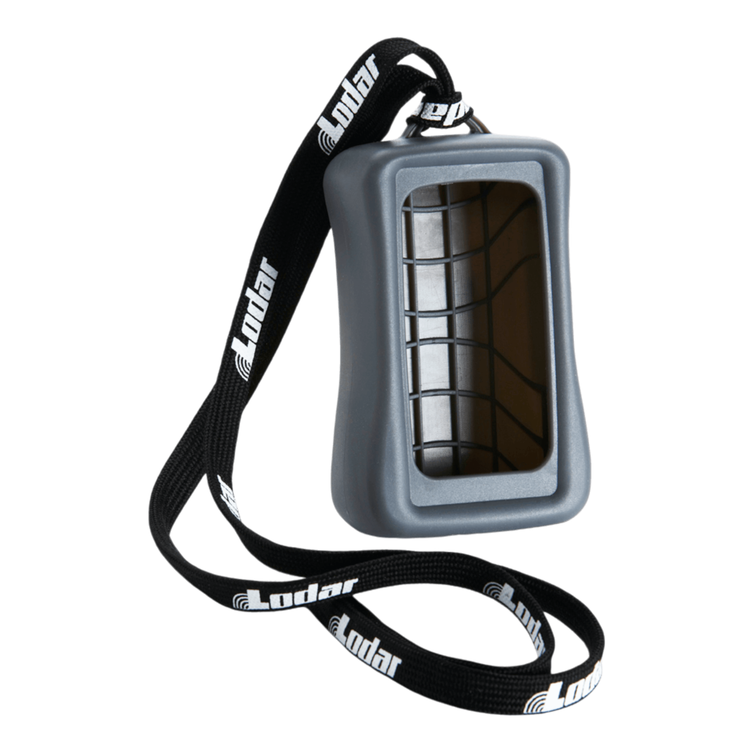 Silicone cover in grey for Lodar 9000 Series transmitter, paired with a black Lodar lanyard by Lodar LTD.