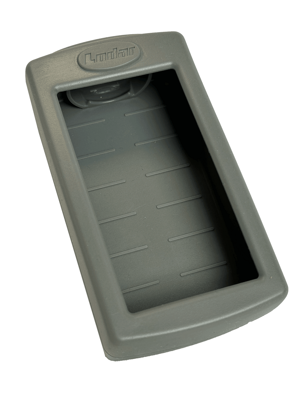 The Lodar LTD Lodar Silicone LoCate Cover for AirTag™ is a gray rectangular silicone tray with raised edges and a recessed center for secure fitting and impact protection, shown from an angled perspective.