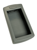 The Lodar LTD Lodar Silicone LoCate Cover for AirTag™ is a gray rectangular silicone tray with raised edges and a recessed center for secure fitting and impact protection, shown from an angled perspective.