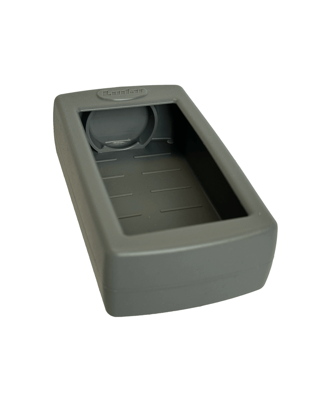 The Lodar LTD Silcone LoCate Cover for AirTag™ is a rectangular gray case with an open compartment, circular recessed area near the top, and built-in impact protection for a secure fit.