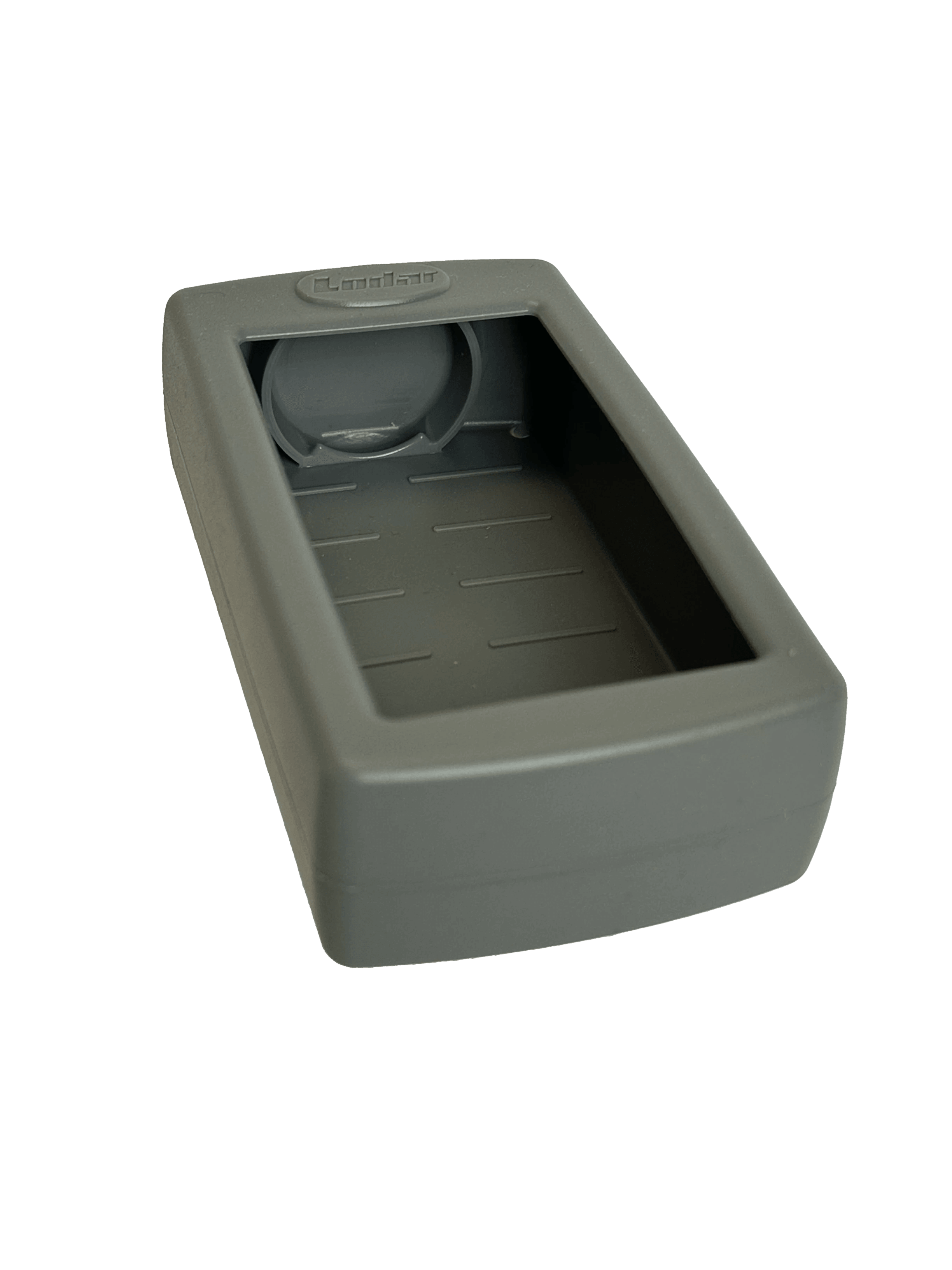The Lodar LTD Silcone LoCate Cover for AirTag™ is a rectangular gray case with an open compartment, circular recessed area near the top, and built-in impact protection for a secure fit.