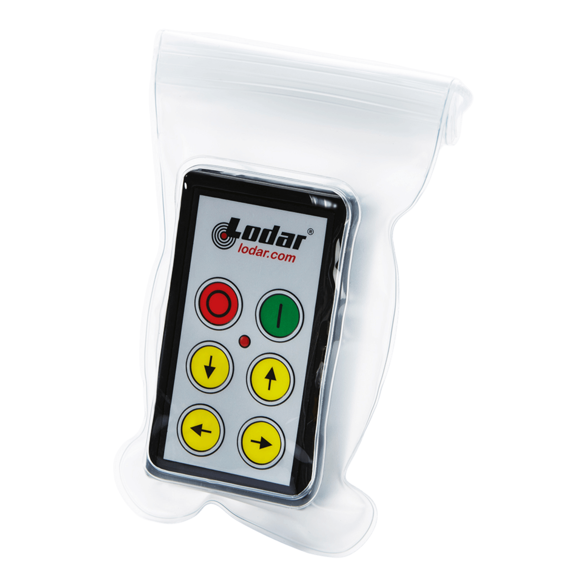 Transparent pouch containing a Lodar LTD Controls remote with colorful buttons.