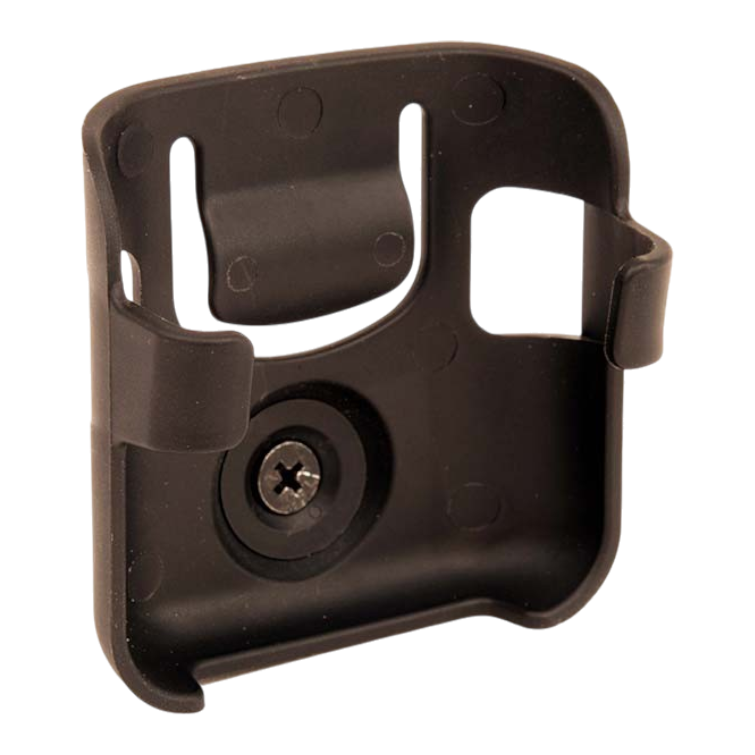The Lodar Locator Holder for Mini Transmitters by Lodar LTD is a black plastic wall mount bracket with a central screw, designed to provide seamless transmitter storage. It features a plastic ball joint for versatile positioning.