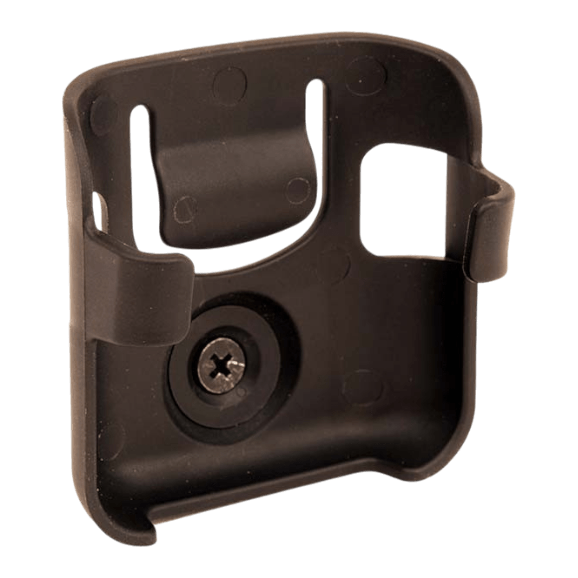 The Lodar Locator Holder for Mini Transmitters by Lodar LTD is a black plastic wall mount bracket with a central screw, designed to provide seamless transmitter storage. It features a plastic ball joint for versatile positioning.