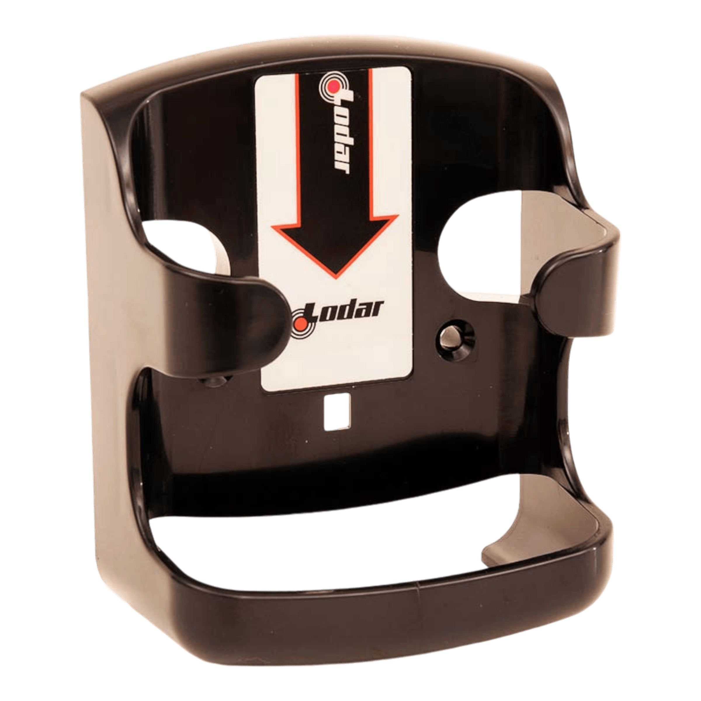 Wall-mounted Lodar Transmitter Locator by Lodar LTD, designed to hold a cylindrical item with slot. Features branding and a downward arrow on the front, compatible with IP series remotes.