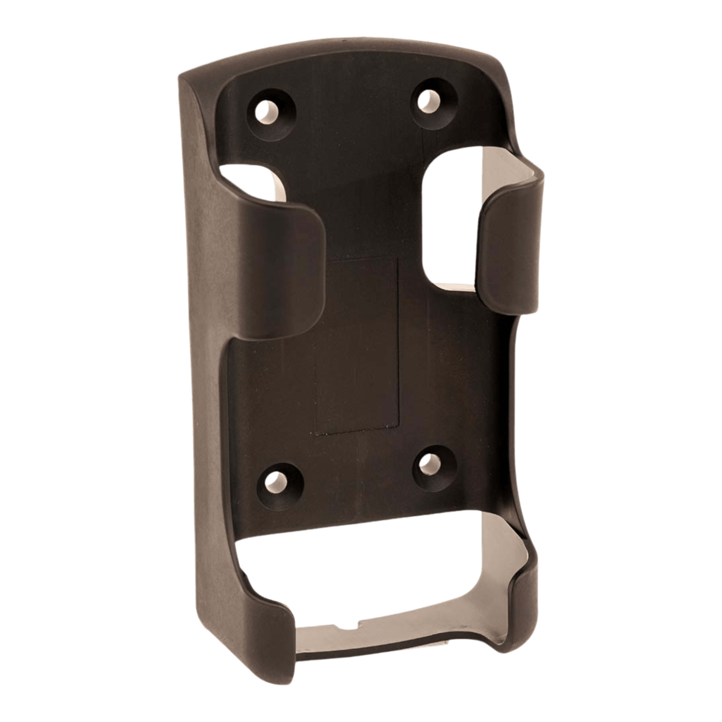 The Lodar LTD Transmitter Locator IP Series safely mounts your transmitter or cylindrical device with a black cradle featuring four screw holes and an open front—perfect for easy access and secure storage.