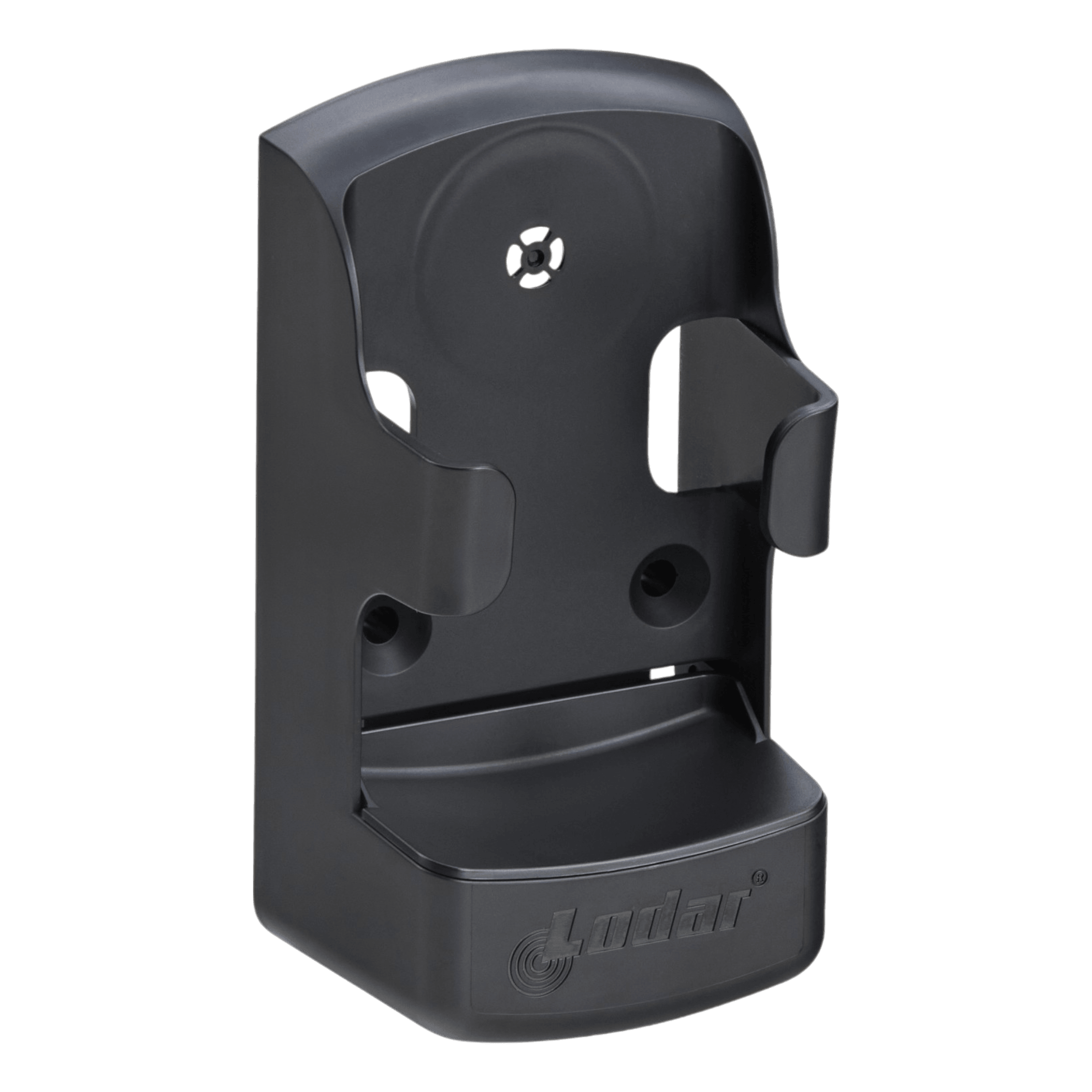 The Lodar Locator Holder for Standard Transmitters by Lodar LTD is a wall-mounted black holder designed for a snug fit, featuring side grips, a rounded base, and a flexible plastic tab for added convenience.