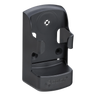 The Lodar Locator Holder for Standard Transmitters by Lodar LTD is a wall-mounted black holder designed for a snug fit, featuring side grips, a rounded base, and a flexible plastic tab for added convenience.