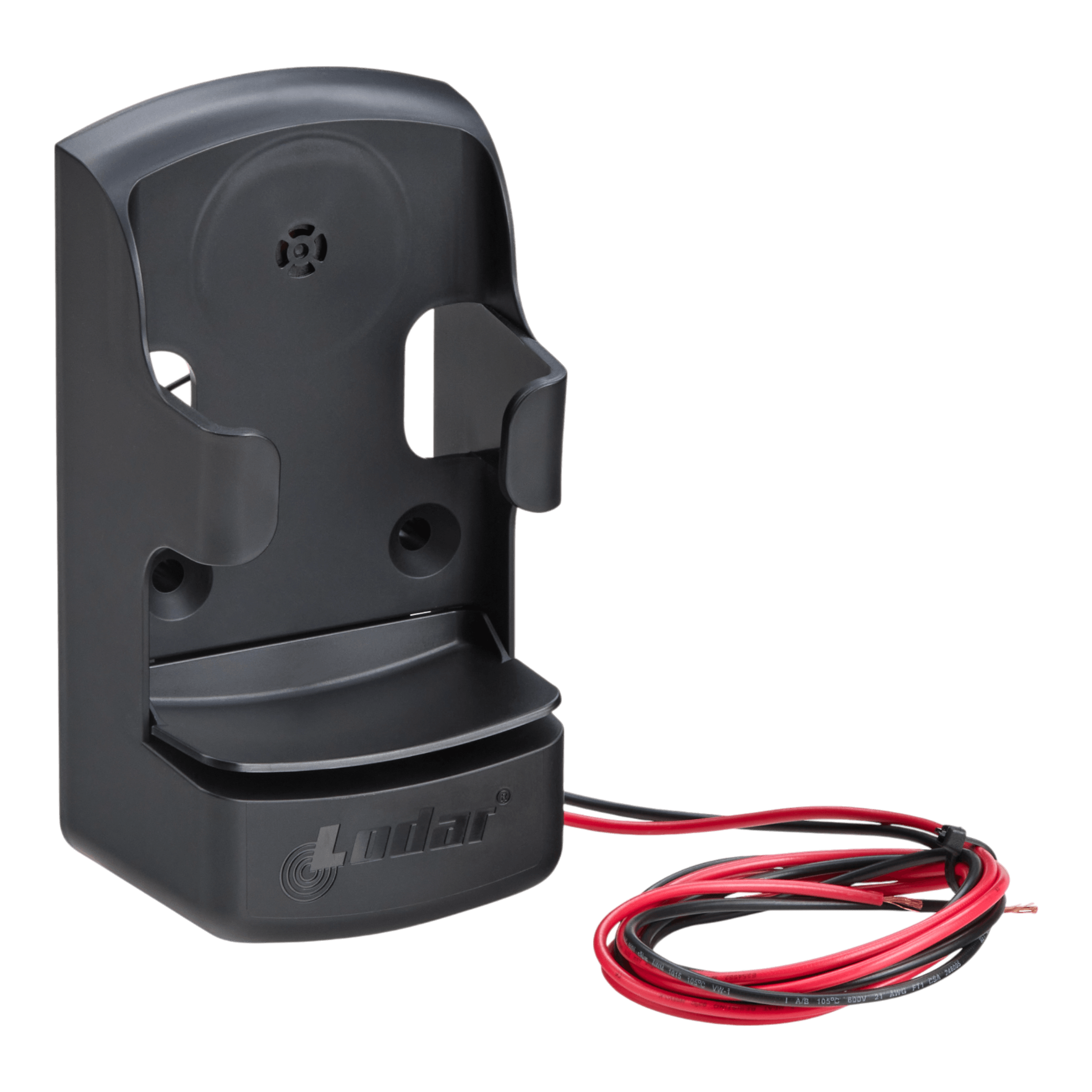 The Lodar LTD Lodar Locator Holder for Standard Transmitter with Sensor Alarm is a black wall-mounted charging cradle with red and black wires, offering secure holding, easy access, and reliable charging for your transmitter.