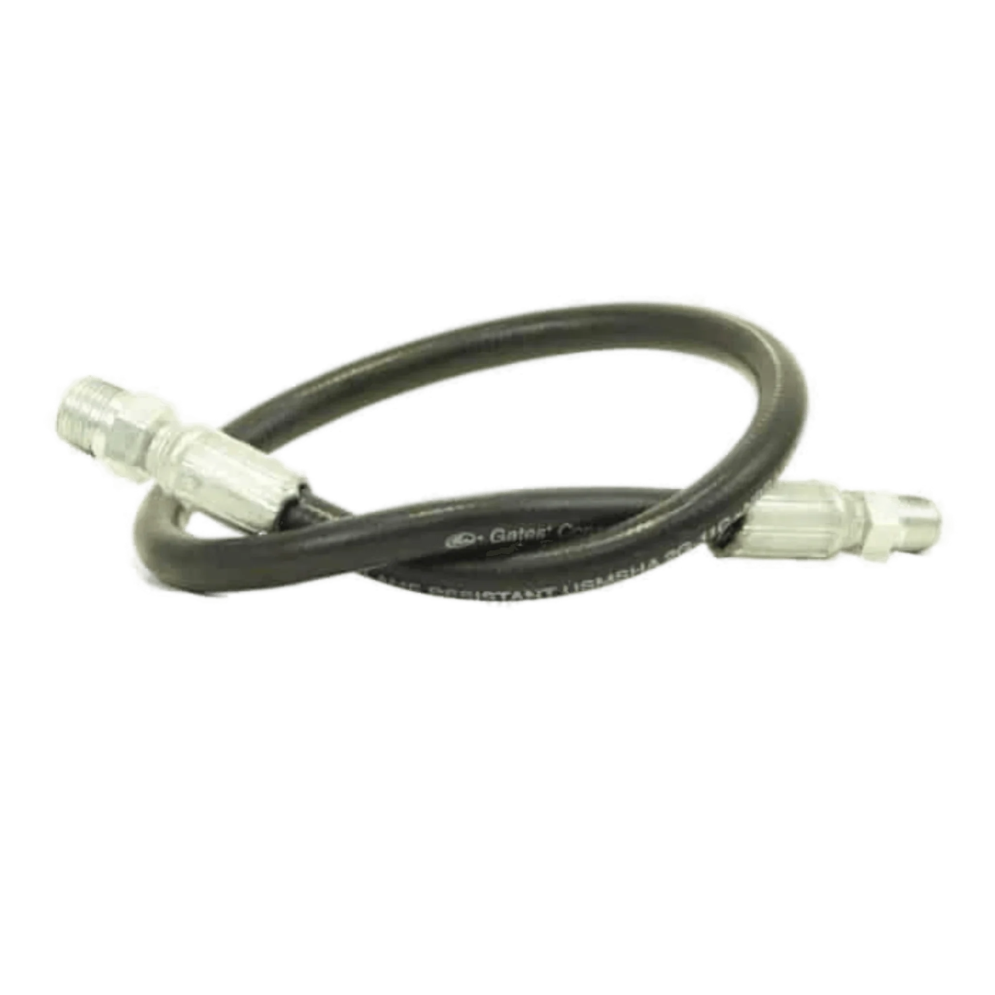 The PIERCE Bale Spike Hose is a 26-inch black flexible hydraulic hose with metal connectors, designed for the Goose Neck Attachment and rated to 3,000 psi.