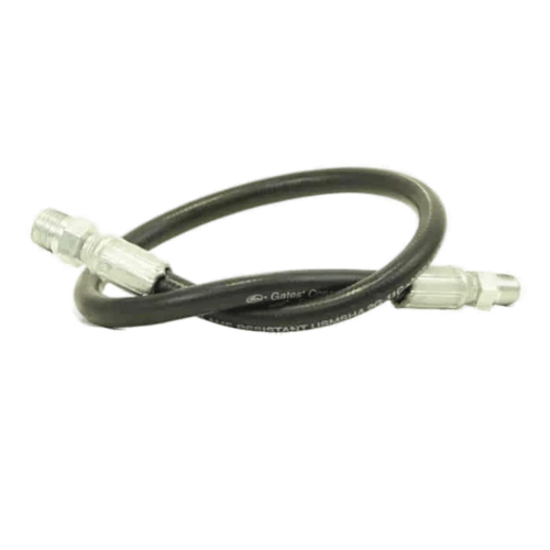 The PIERCE Bale Spike Hose is a 26-inch black flexible hydraulic hose with metal connectors, designed for the Goose Neck Attachment and rated to 3,000 psi.