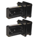Two black, rectangular metal brackets from the PIERCE Bale Unroller Extension Set, complete with bolts and warning labels, designed for unrolling 4-foot hay bales, aligned vertically against a plain background.