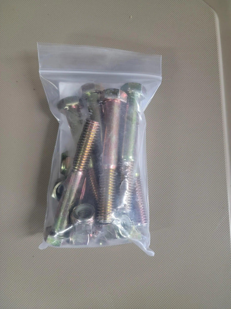 A PIERCE Bale Unroller Extension Set, featuring metal bolts and nuts in a clear plastic bag, rests on a gray surface.