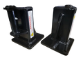 The PIERCE Bale Unroller Extension Set features two black metal brackets with warning labels on square bases, designed for 4-foot round hay bales and compatible with hay bale unroller extensions, shown against a white background.