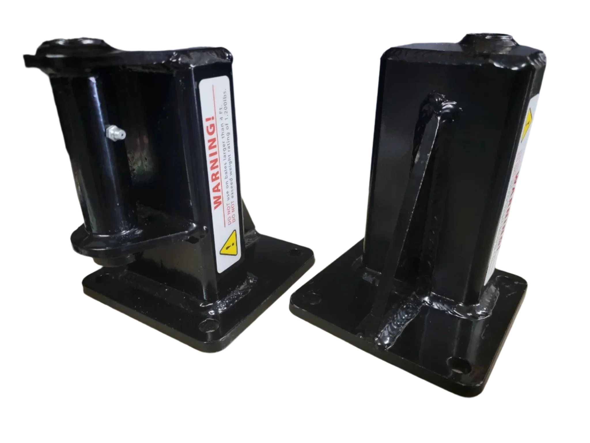 The PIERCE Bale Unroller Extension Set features two black metal brackets with warning labels on square bases, designed for 4-foot round hay bales and compatible with hay bale unroller extensions, shown against a white background.