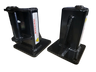 The PIERCE Bale Unroller Extension Set features two black metal brackets with warning labels on square bases, designed for 4-foot round hay bales and compatible with hay bale unroller extensions, shown against a white background.