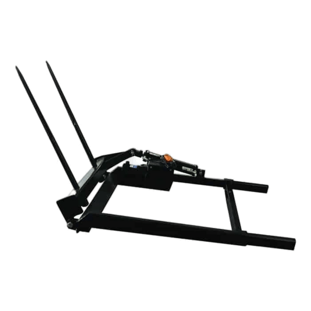 The PIERCE Bolt-in Hydraulic Truck Bed Hay Bale Spear, shown on a white background, is a black metal tractor attachment ideal for moving hay bales or pairing with a hydraulic bale spike.