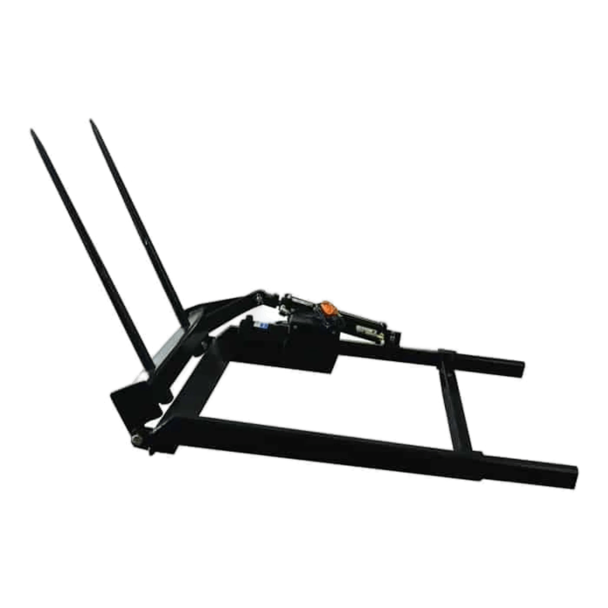 The PIERCE Bolt-in Hydraulic Truck Bed Hay Bale Spear, shown on a white background, is a black metal tractor attachment ideal for moving hay bales or pairing with a hydraulic bale spike.