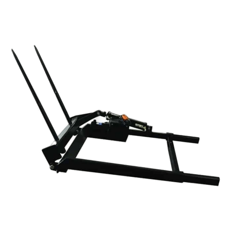 The PIERCE Bolt-in Hydraulic Truck Bed Hay Bale Spear, shown on a white background, is a black metal tractor attachment ideal for moving hay bales or pairing with a hydraulic bale spike.