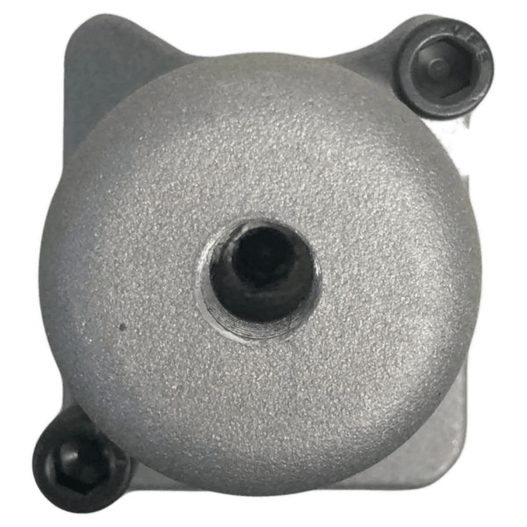 Close-up of a metallic Bolt-on Actuator for Gresen Spool by PIERCE, featuring a central hole and two visible screws on either side, commonly used as actuator components.