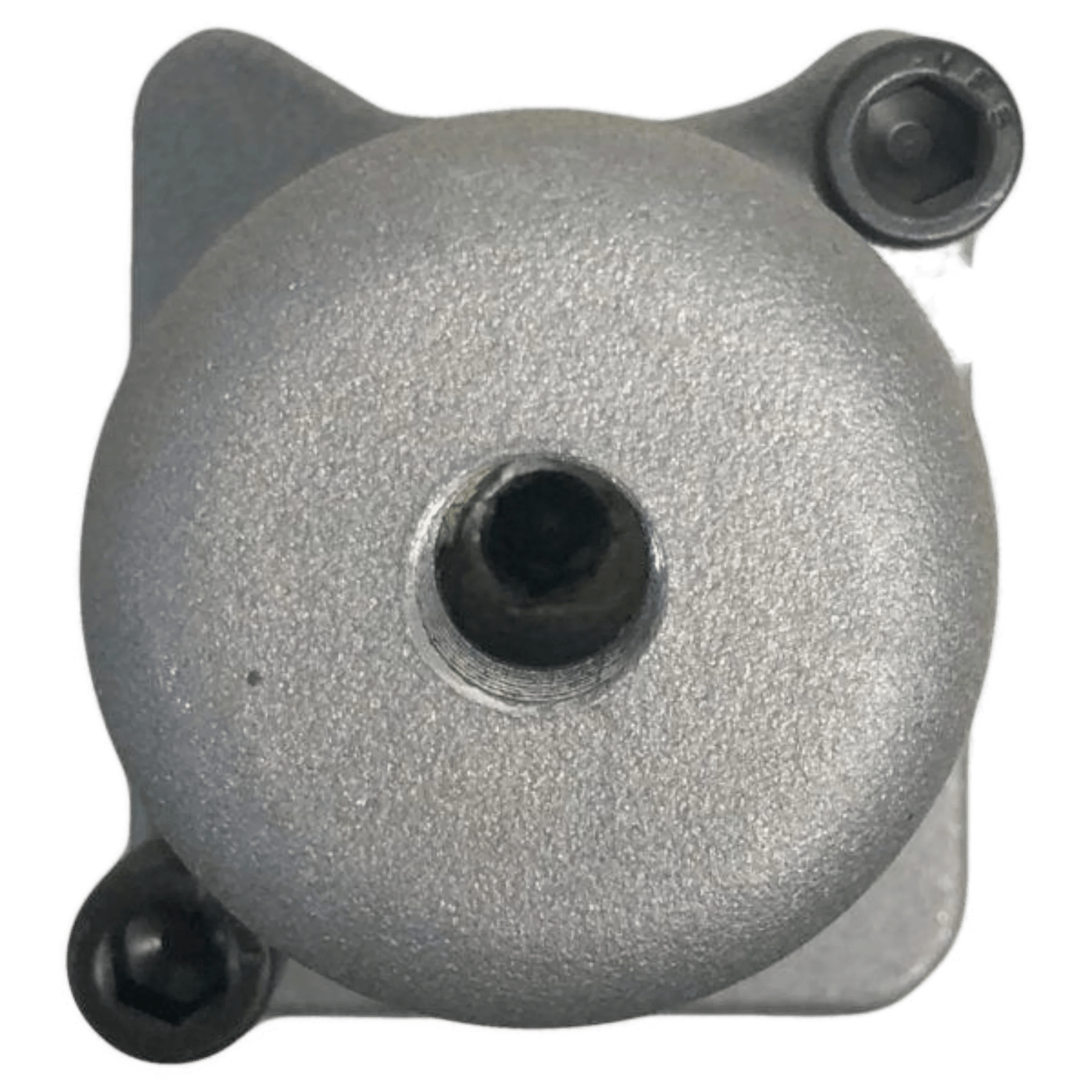 A circular metal object with a central hole, mounted on a square base with three visible screws, resembles the APSCO Bolt-on Actuator for Gresen Spool, similar to components used in Miller Towing Equipment for reliable performance.