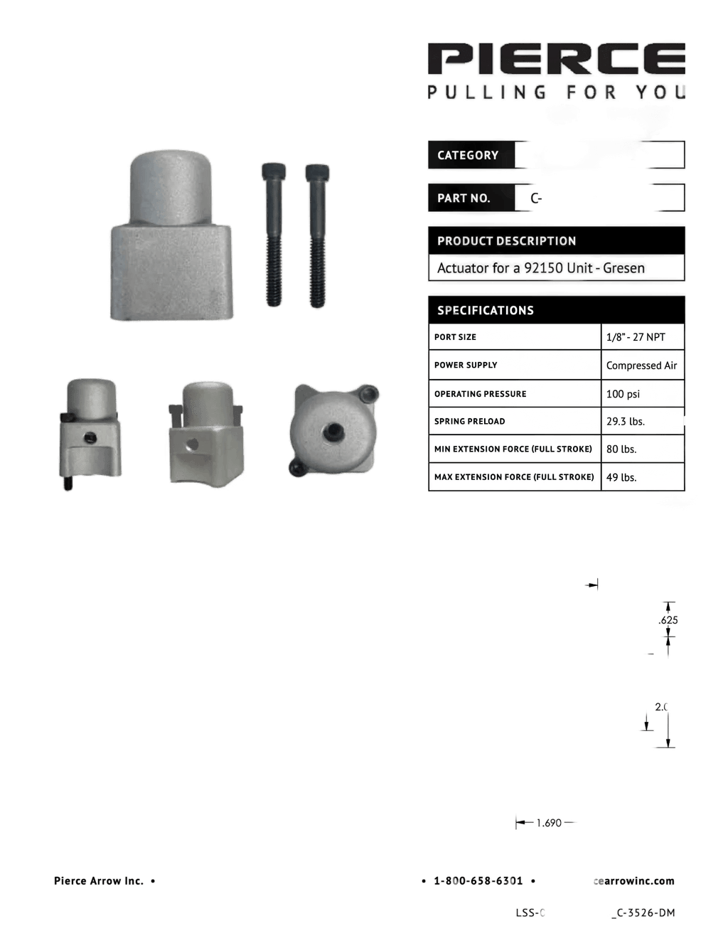 PIERCE Bolt-on Actuator for Gresen Spool in gray metal, features two bolts and is displayed from multiple angles with technical specs—ideal for Miller Towing Equipment or Gresen Spools applications.