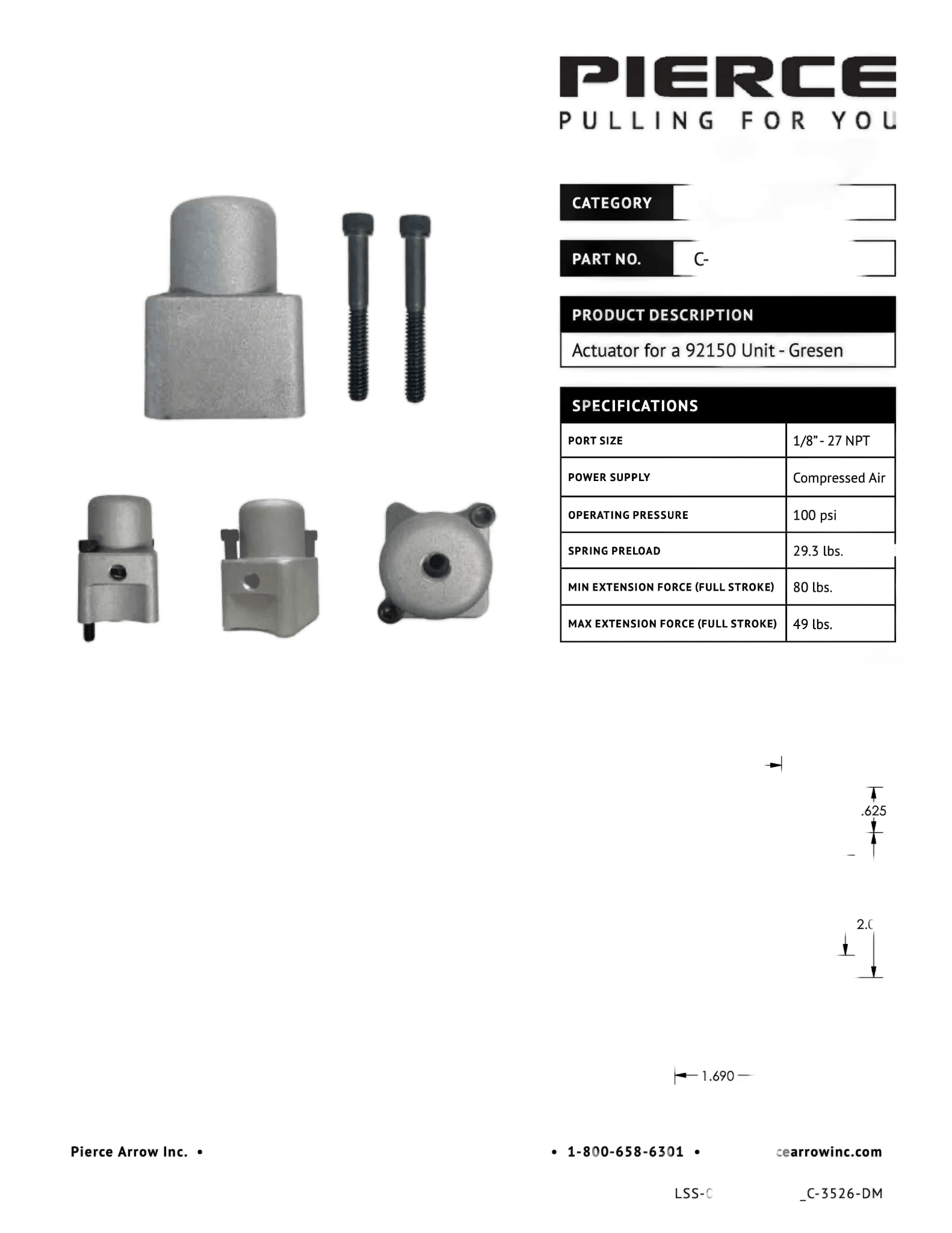 PIERCE Bolt-on Actuator for Gresen Spool in gray metal, features two bolts and is displayed from multiple angles with technical specs—ideal for Miller Towing Equipment or Gresen Spools applications.