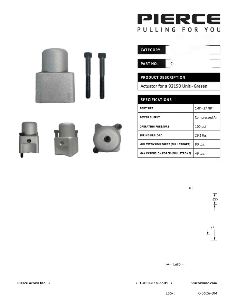 PIERCE Bolt-on Actuator for Gresen Spool in gray metal, features two bolts and is displayed from multiple angles with technical specs—ideal for Miller Towing Equipment or Gresen Spools applications.