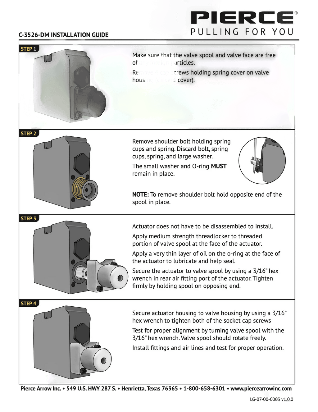 PIERCE Bolt-on Actuator for Gresen Spool includes step-by-step illustrated installation instructions, ideal for use with Miller Towing Equipment.
