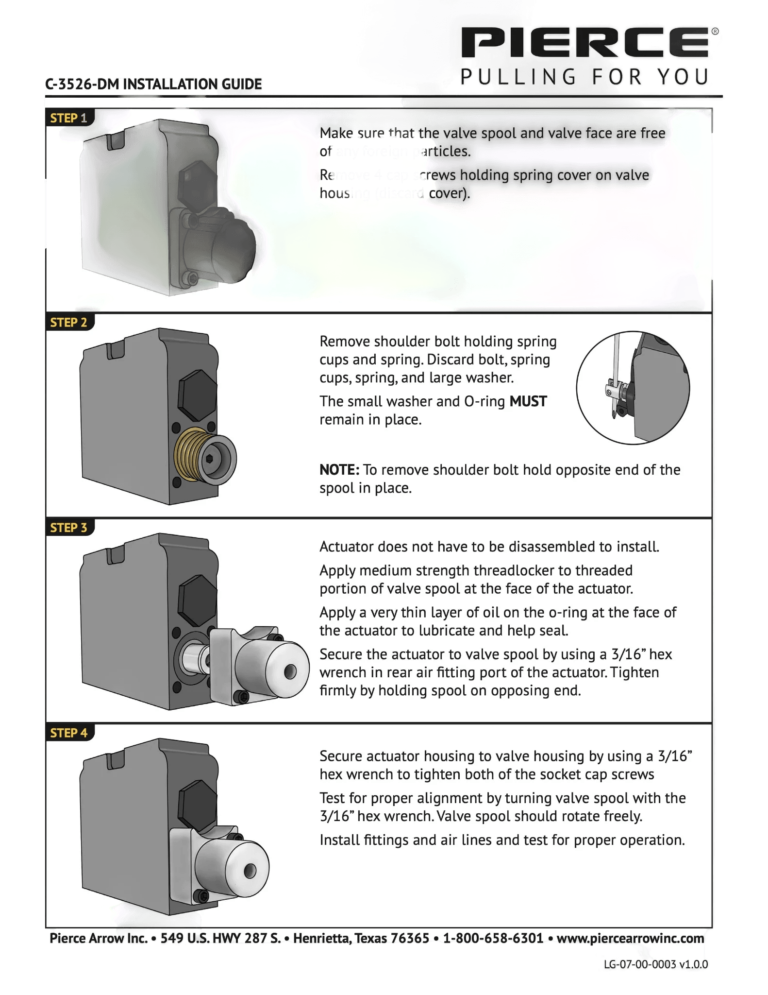PIERCE Bolt-on Actuator for Gresen Spool includes step-by-step illustrated installation instructions, ideal for use with Miller Towing Equipment.