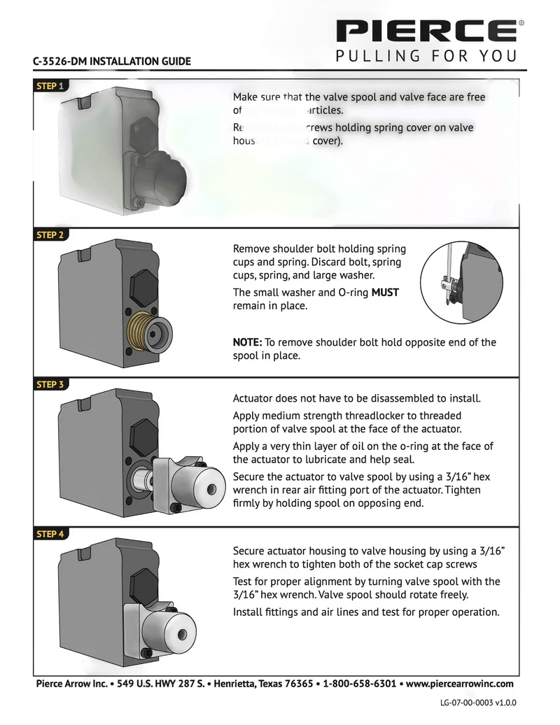 PIERCE Bolt-on Actuator for Gresen Spool includes step-by-step illustrated installation instructions, ideal for use with Miller Towing Equipment.