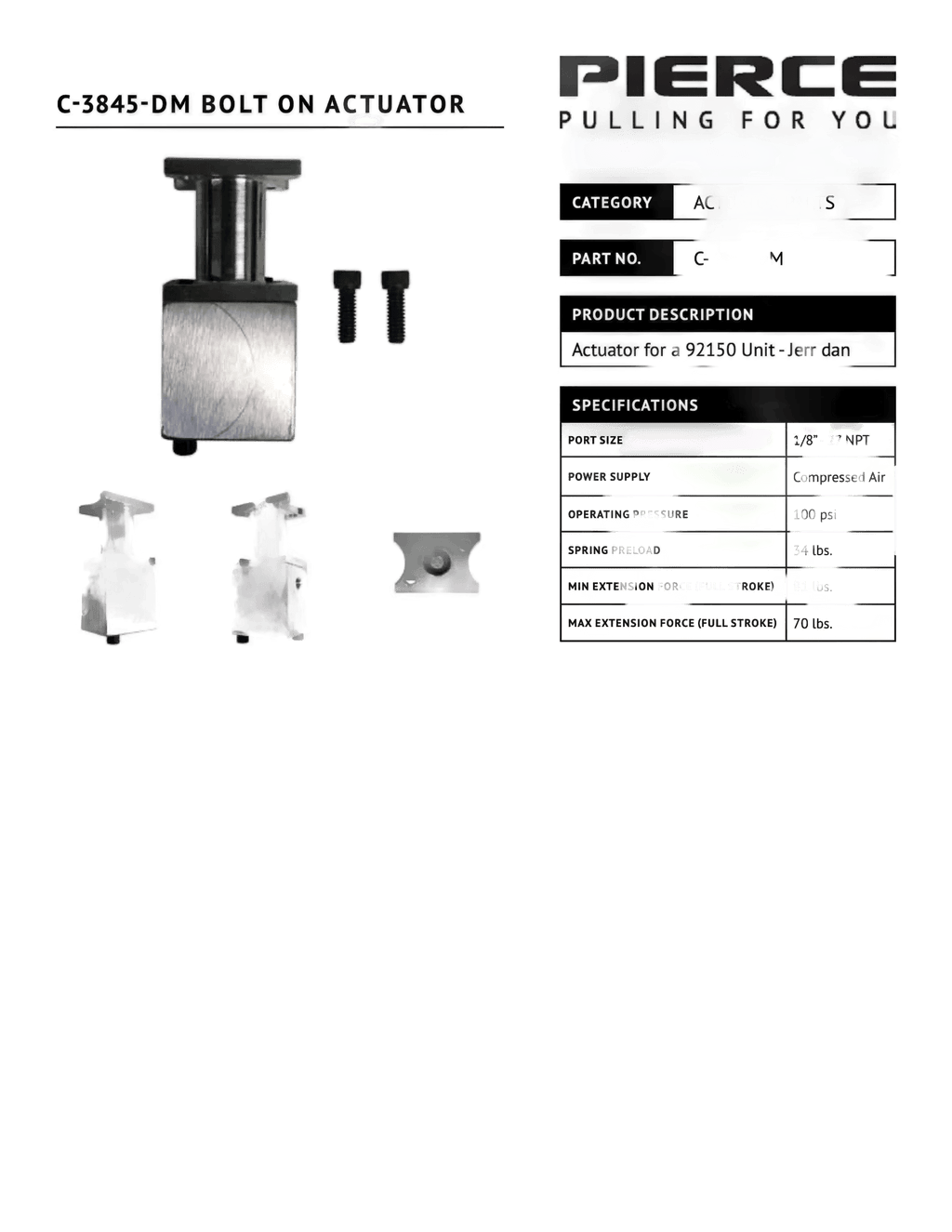 PIERCE Bolt-on Actuator for Husco Spool shown with screws, specs, and product details on a white background—compatible with Jerr-Dan equipment and Husco spool valve systems.