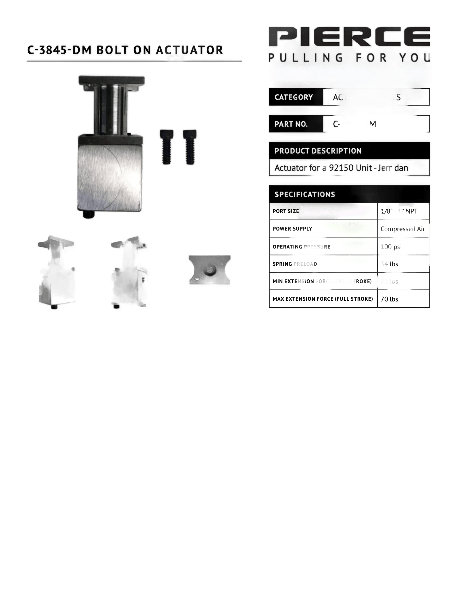 PIERCE Bolt-on Actuator for Husco Spool shown with screws, specs, and product details on a white background—compatible with Jerr-Dan equipment and Husco spool valve systems.
