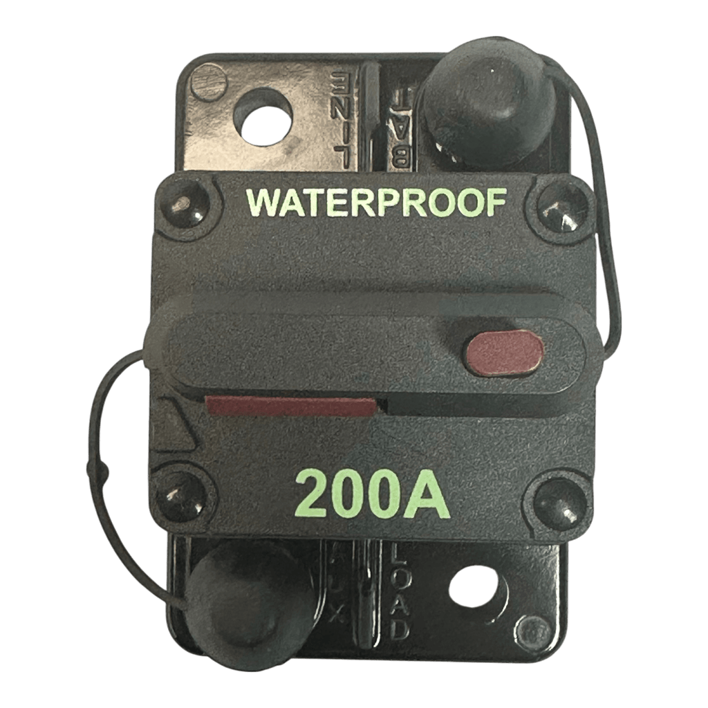The PIERCE Breaker 200 Amp is a black waterproof manual reset breaker with a red reset button and green labeling, ideal for hydraulic pumps, shown on a white background.