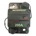 The PIERCE Breaker 200 Amp is a black waterproof manual reset breaker with a red reset button and green labeling, ideal for hydraulic pumps, shown on a white background.