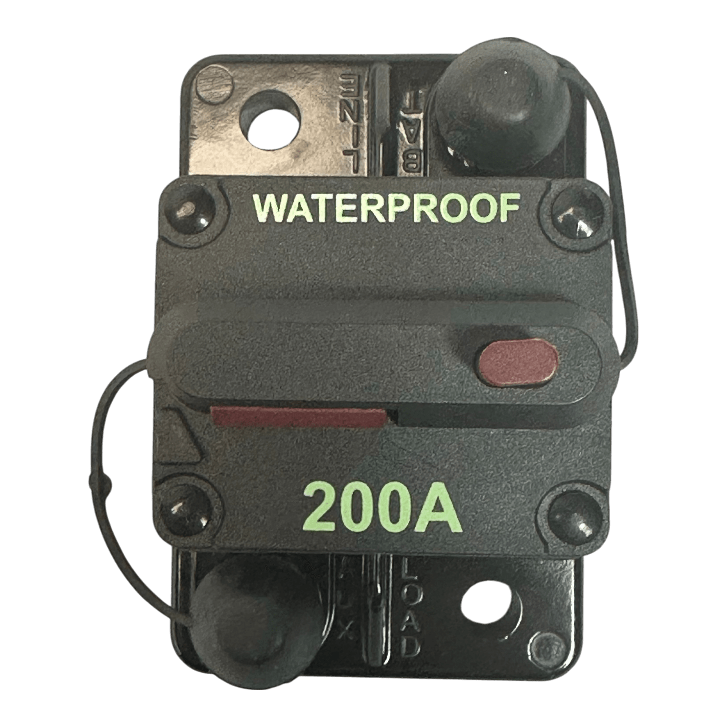 The PIERCE Breaker 200 Amp is a black waterproof manual reset breaker with a red reset button and green labeling, ideal for hydraulic pumps, shown on a white background.