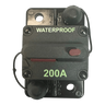 The PIERCE Breaker 200 Amp is a black waterproof manual reset breaker with a red reset button and green labeling, ideal for hydraulic pumps, shown on a white background.