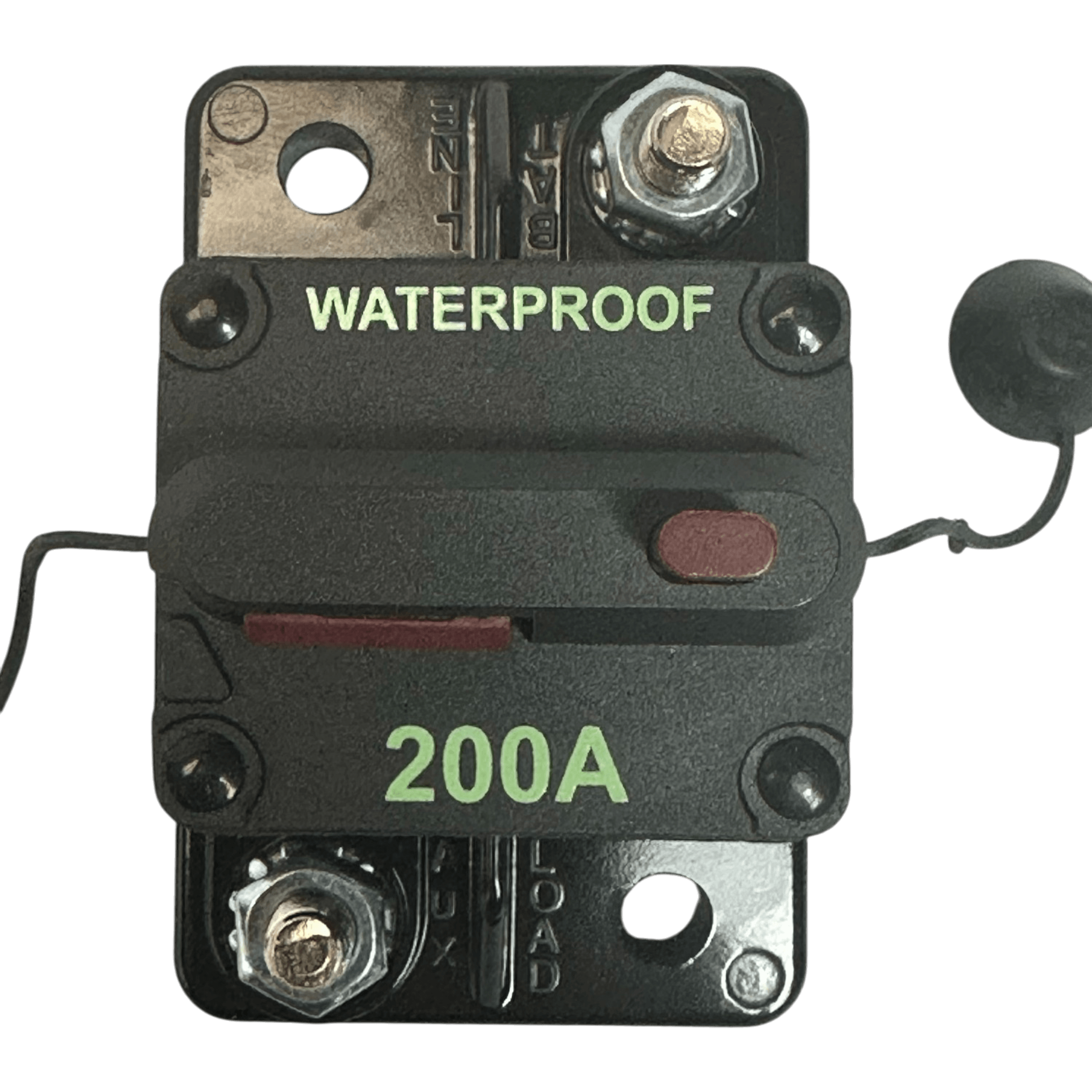 The PIERCE Breaker 200 Amp is a black, waterproof manual reset breaker with “LINE” and “AUX” terminals, ideal for hydraulic pumps and easy to maintain with its reset switch.