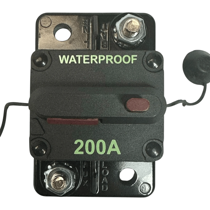 The PIERCE Breaker 200 Amp is a black, waterproof manual reset breaker with “LINE” and “AUX” terminals, ideal for hydraulic pumps and easy to maintain with its reset switch.