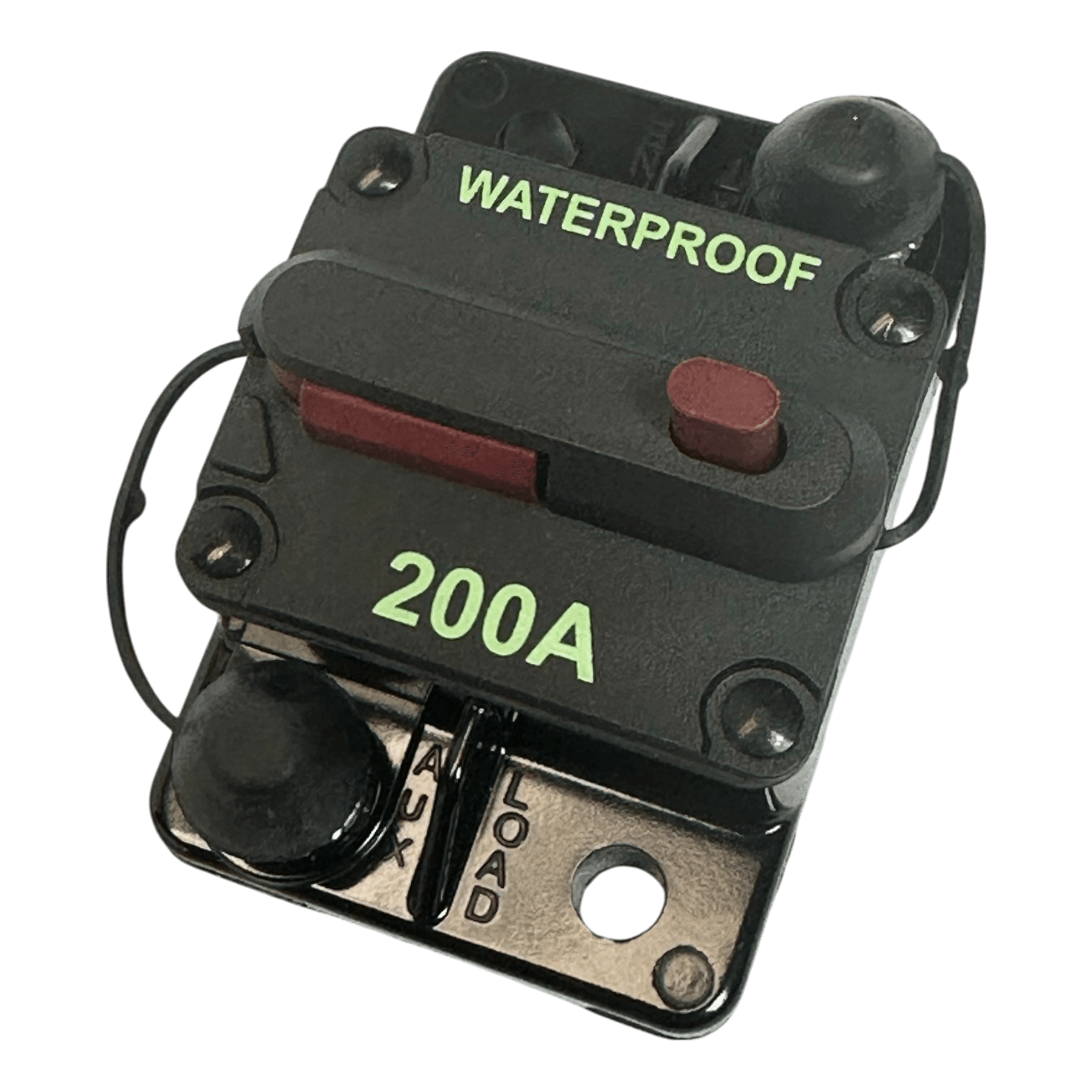 The PIERCE Breaker 200 Amp is a black waterproof manual reset breaker with a red reset button and terminal labels for battery and load, perfect for hydraulic pumps.